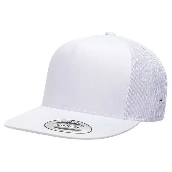 example of white trucker snapback hat on a white background