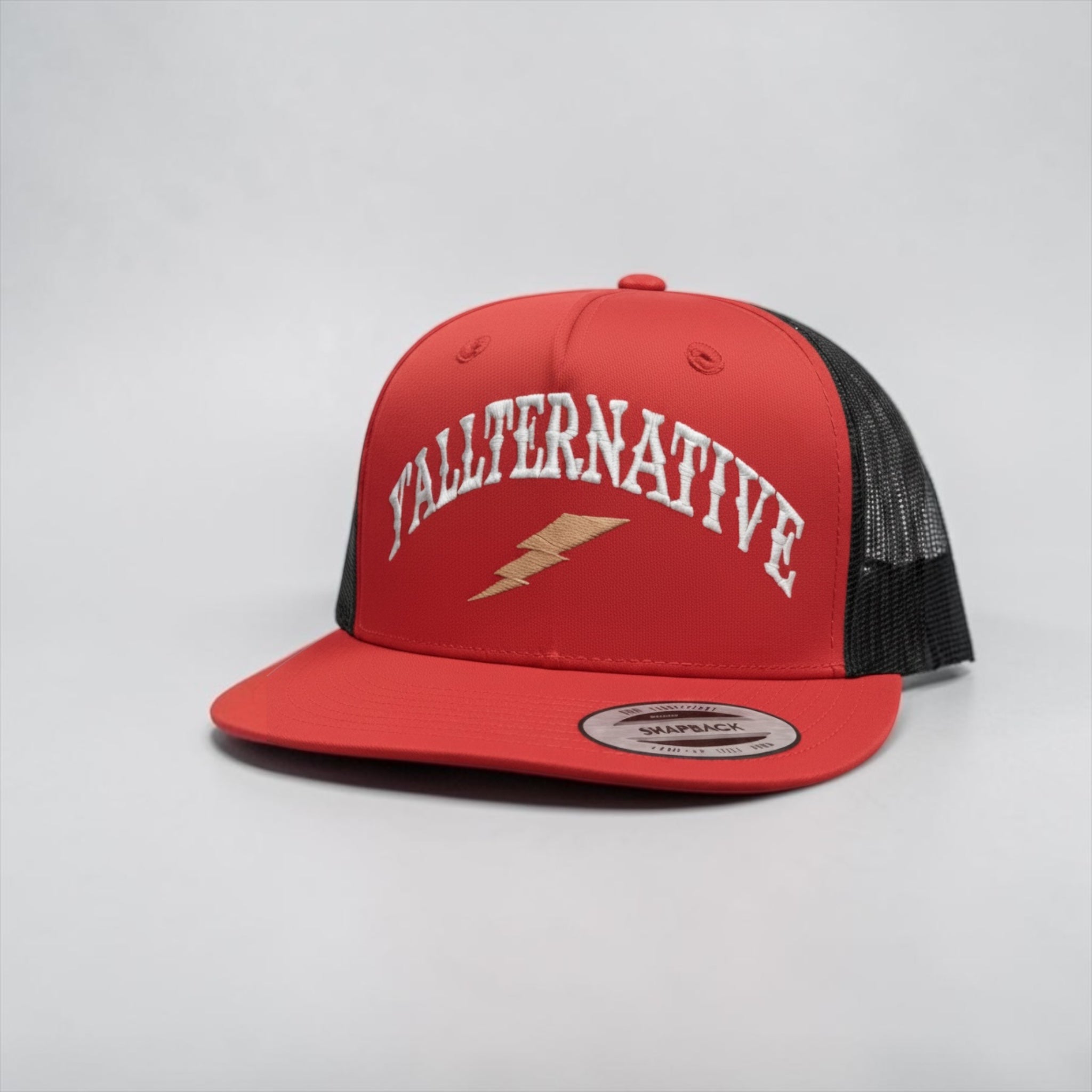 Red and black snapback hat with 'YALLTERNATIVE' text and lightning bolt on a white background