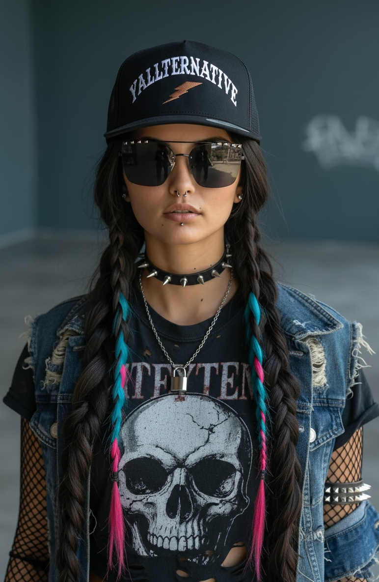 Person wearing a black snapback hat with 'YALLTERNATIVE' text, sunglasses, and a graphic t-shirt with a skull design.