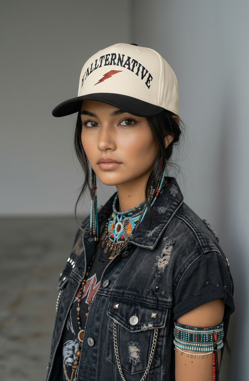 Person wearing a cap with 'YALLTERNATIVE' text and a denim jacket against a gray background